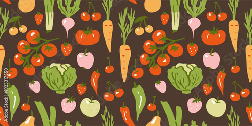 Seamless pattern with ink doodle abstract fruits and vegetables on brown. Trendy aesthetic farmer market background. Hand drawn vector illustration. Fresh, vibrant, vegetarian organic wallpaper.