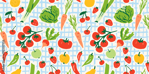 Seamless pattern with ink doodle abstract fruits and vegetables on blue grid. Trendy aesthetic farmer market background. Hand drawn vector illustration. Fresh, vibrant, vegetarian organic wallpaper.