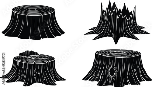 Black vector silhouette set of four diverse wood tree stumps showing detailed age rings and textured bark for forestry logging environment conservation and woodworking