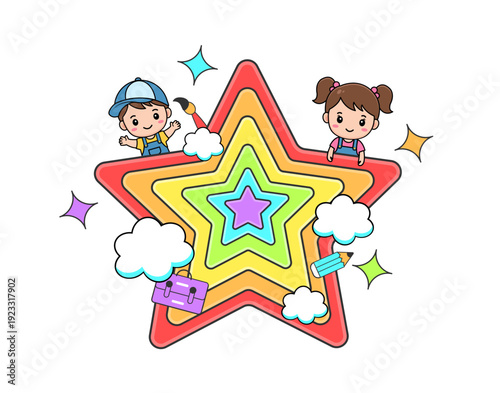 Joyful cute boy and girl playing around star with clouds, a colorful illustration for education material and children content. 