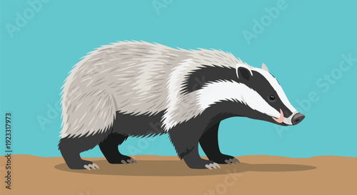 A Striking Cartoon Badger with Iconic Facial Markings Standing on Earthy Ground Against a Clear Blue Sky Depicting Wild Fauna in Simple Vector Art
