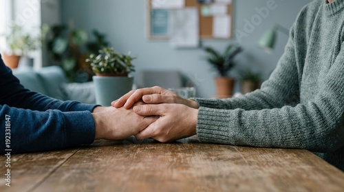 Support, Empathy, Comfort, Hands, Connection, Care, Compassion shown in a close-up of two people holding hands across a wooden table in a cozy and supportive indoor home environment.