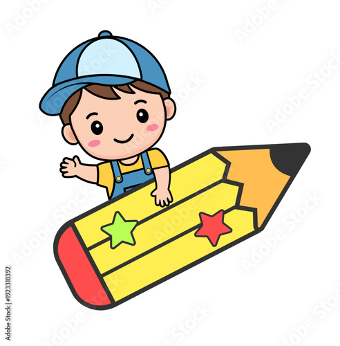Joyful cute boy holding pencil, a colorful illustration for education material and children content. 