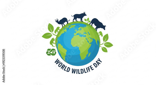 World wildlife day logo with globe animals and green leaves on white background symbolizing conservation and eco awareness