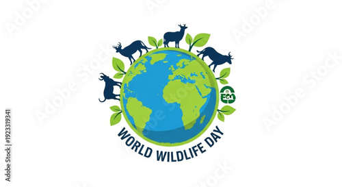 World wildlife day logo with globe animals and leaves on white background symbolizing conservation and eco awareness