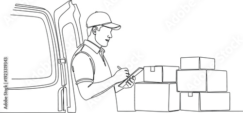 Minimalist continuous one line drawing of a delivery man with clipboard and boxes near van for logistics concept.