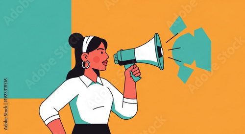 Woman holding megaphone with speech bubbles expressing herself confidently communication concept