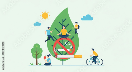 People promoting eco friendly living with a large leaf and a no smoking sign