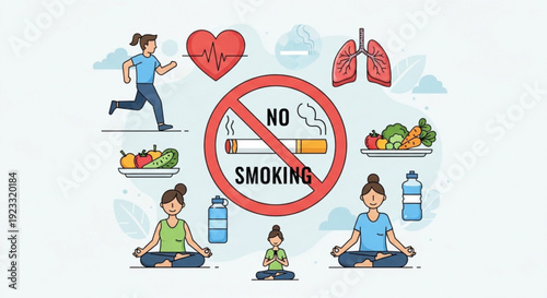 Healthy lifestyle choices and no smoking concept with exercise meditation and nutritious food illustrations