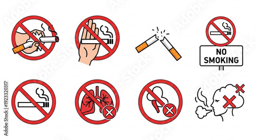 No smoking symbols and signs on white background for health and public awareness campaigns