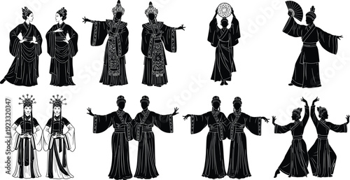 Black vector silhouette set of graceful women in traditional East Asian costumes performing classical dances with fans and umbrellas for cultural heritage branding