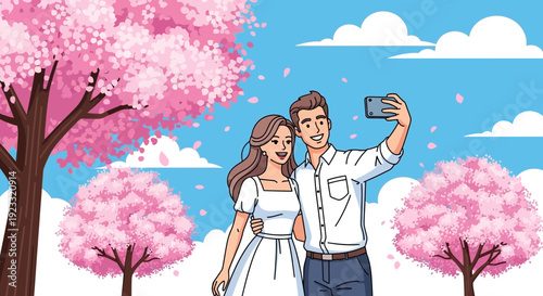 Charming couple capturing precious moments amidst blossoming cherry trees scenery background