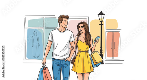 Charming couple enjoying a shopping spree together downtown showcasing modern lifestyle and