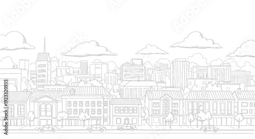 Charming cityscape outline featuring buildings, houses, skyscrapers, and fluffy clouds in the