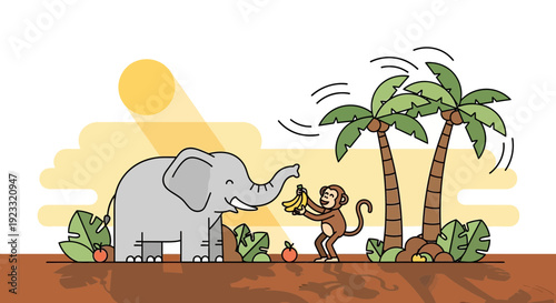Charming jungle scene featuring an elephant and monkey with bananas in minimalist style