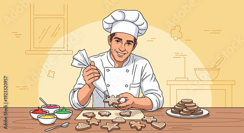Charming male pastry chef decorating gingerbread star cookies with icing bag for holiday season