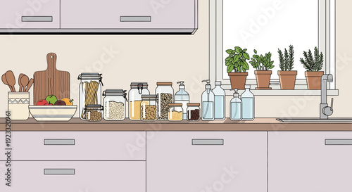 Charming Kitchen Still Life: Jars, Herbs, and Utensils Create a Cozy and Sustainable Scene