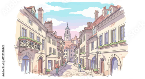Charming European street scene with historic architecture and a serene atmosphere is depicted in