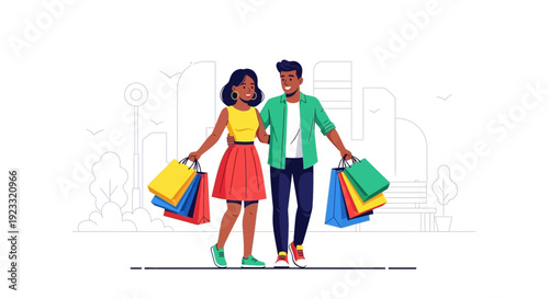 Cheerful african american couple enjoying a shopping spree in the city together happiness