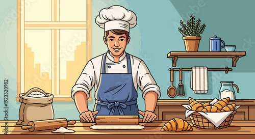 Cheerful baker in kitchen preparing dough for croissants with a warm and inviting setting