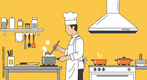 Chef in the kitchen cooking with a ladle in a pot on an orange background, with appliances,