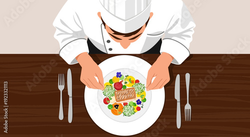 Chef meticulously plating a gourmet dish with fresh ingredients showcasing culinary artistry