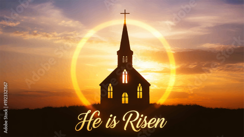 Silhouette of traditional church with cross at sunrise easter concept