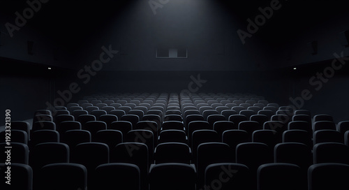 A darkened cinema hall with dramatic lighting and empty seats