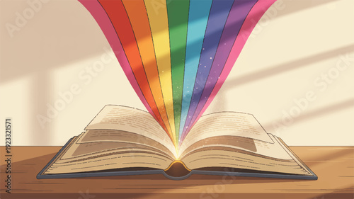 Open book with rainbow colors emerging from pages on wooden desk
