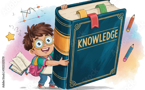 A vibrant cartoon illustration of a cheerful child hugging a giant book of knowledge with colorful school supplies