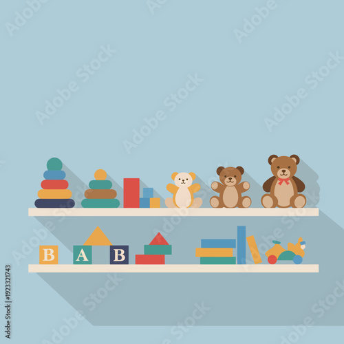 Colorful Toys and Blocks on Shelves.
