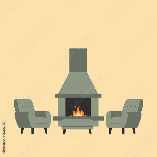 Cozy Fireplace with Chairs and Burning Fire.