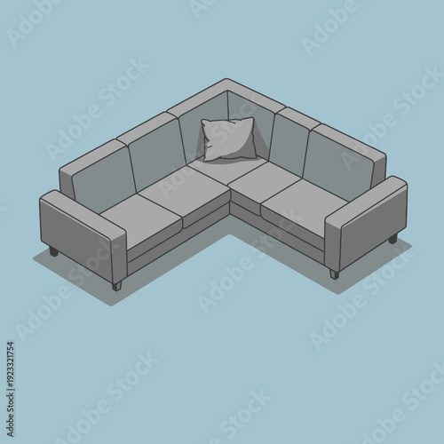 Gray Corner Sofa with Pillow Illustration.
