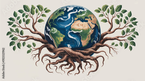 Planet earth with tree roots and leaves symbolizing environmental conservation and sustainability