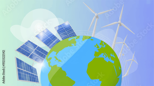 Earth with solar panels and wind turbines for renewable energy and sustainability