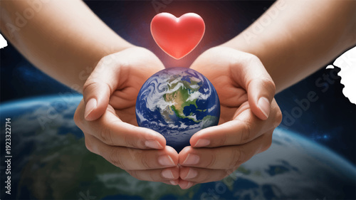 Hands cradling earth globe with heart symbol representing care and love for the planet eco friendly concept