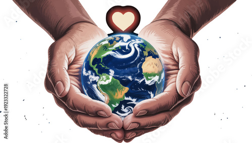 Gentle human hands cradling the earth globe with a heart symbol