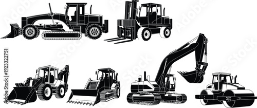 Black vector silhouette set of heavy construction equipment including an excavator bulldozer forklift steamroller and grader for industrial building and earthmoving site branding