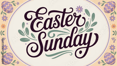 Easter sunday decorative typography badge with floral design and purple flowers on beige background