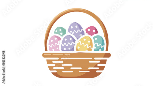 Stylized wicker basket filled with colorful easter eggs on white background