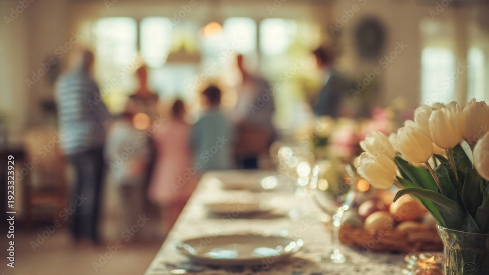 Fototapeta premium A beautifully set table with flowers and a blurred family gathering in the background at home