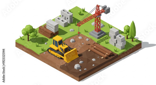 3D Construction Site with Crane and Excavator.