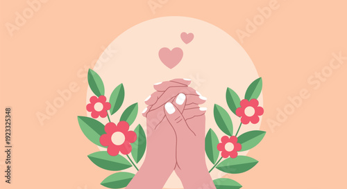 Clasped Hands Surrounded by Pink Flowers and Hearts