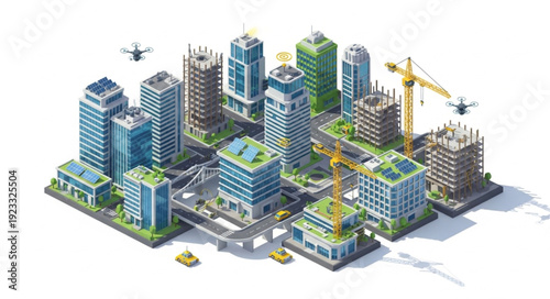 3D Cityscape with Modern Skyscrapers and Construction.