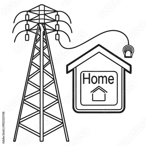 High Voltage Power Grid Transmission Tower And Home Electricity Vector Icon