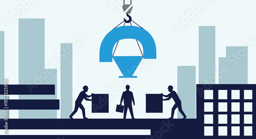 Construction Site Silhouette with Crane and Workers