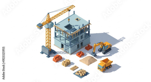 3D Construction Site Model with Crane.