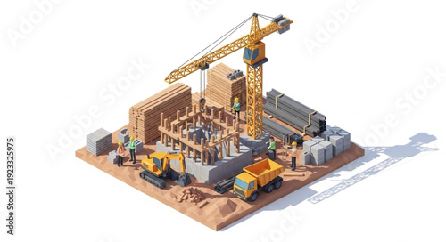 3D Construction Site Model with Crane.
