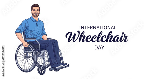 Illustration of a man in a wheelchair on International Wheelchair Day, promoting disability inclusion and accessibility with assistive technology.