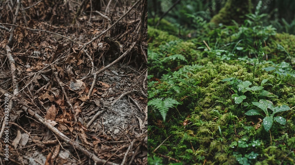 Obraz premium A comparison of natural decay and vibrant vitality in a forest, contrasting the old and the new, life and death.
